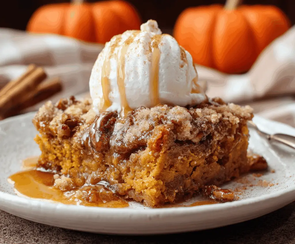 Delicious homemade pumpkin dump cake topped with whipped cream and cinnamon, perfect for fall desserts