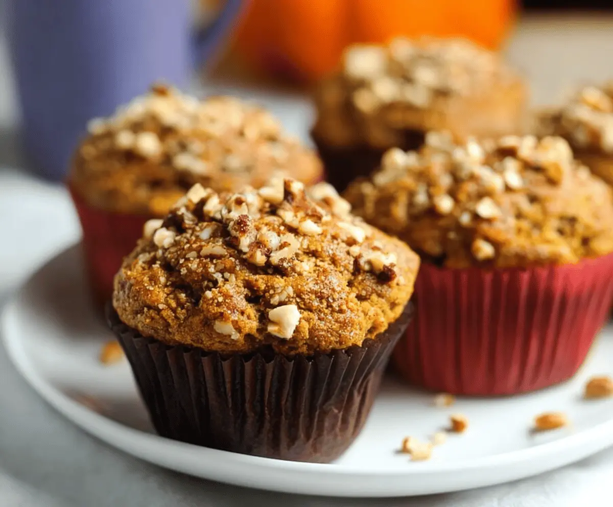 Freshly baked pumpkin hazelnut muffins topped with chopped hazelnuts and cinnamon, perfect for breakfast or a snack.