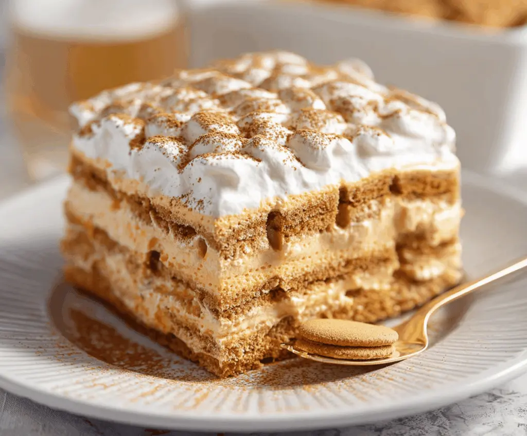 Delicious Pumpkin Icebox Cake topped with whipped cream and caramelized pecans, perfect for fall desserts.