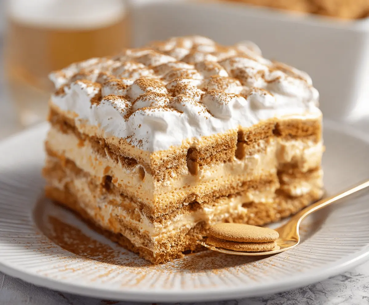 Delicious Pumpkin Icebox Cake topped with whipped cream and caramelized pecans, perfect for fall desserts.