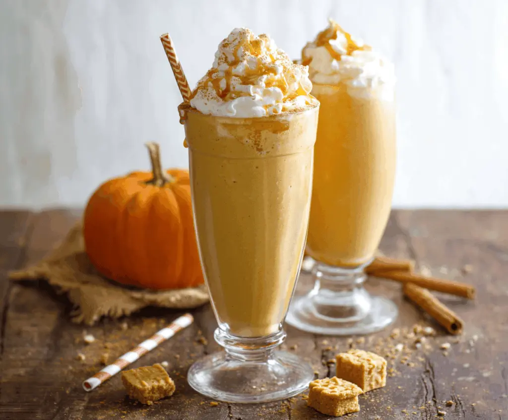 Creamy pumpkin milkshake topped with whipped cream and cinnamon, perfect for fall desserts.