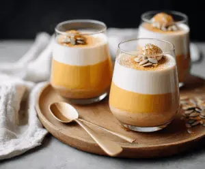 Creamy pumpkin panna cotta topped with whipped cream and cinnamon, served in a glass bowl for a festive dessert