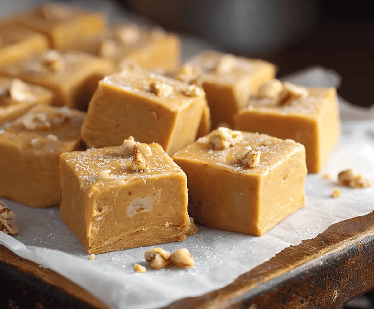 Creamy Pumpkin Pie Fudge topped with whipped cream and a sprinkle of cinnamon, perfect for fall treats