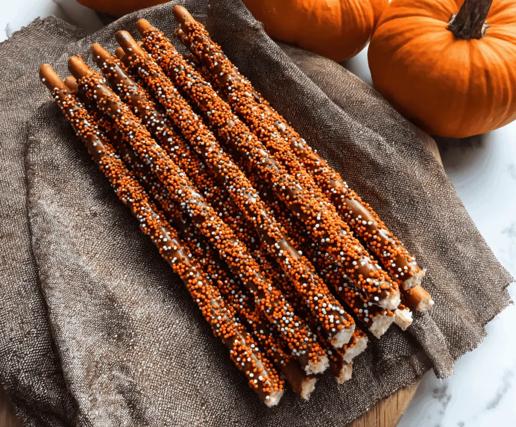 Delicious homemade pumpkin-shaped pretzel rods coated with orange and green icing for a festive fall treat
