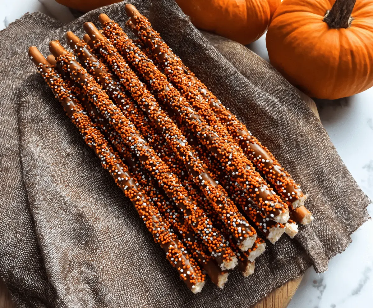 Delicious homemade pumpkin-shaped pretzel rods coated with orange and green icing for a festive fall treat