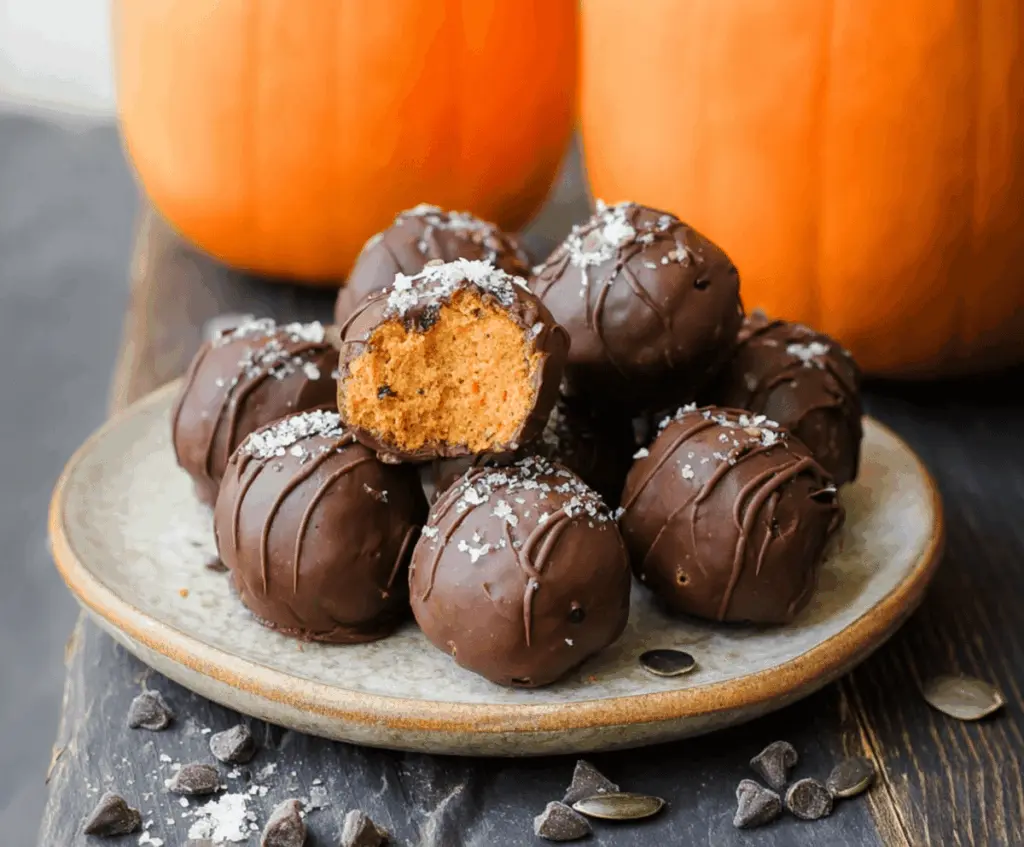 Delicious homemade pumpkin protein truffles with a chocolate coating and crunchy topping, perfect for a healthy snack or dessert