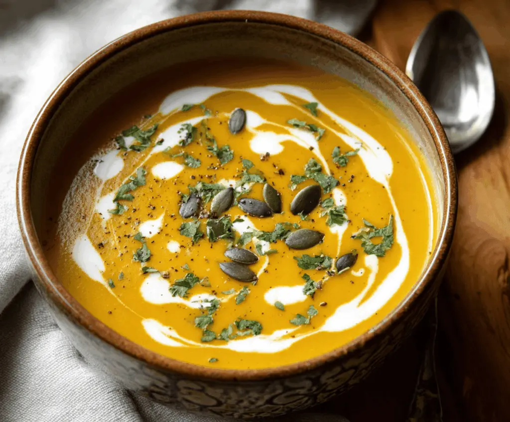 Creamy pumpkin soup garnished with fresh herbs served in a rustic bowl, perfect for autumn comfort meals.