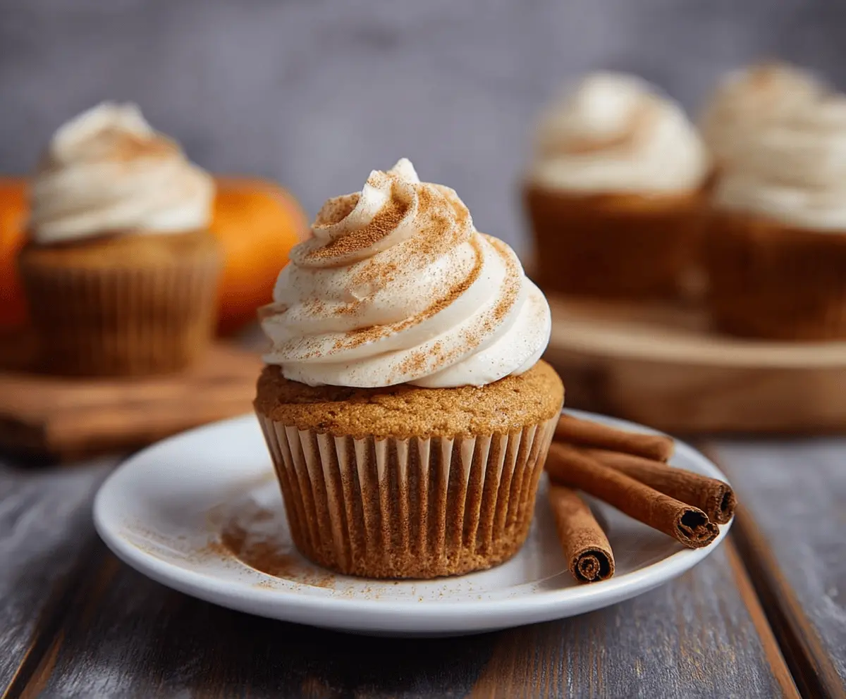Delicious Pumpkin Spice Cupcakes topped with cream cheese frosting and sprinkled with cinnamon, perfect for fall desserts.