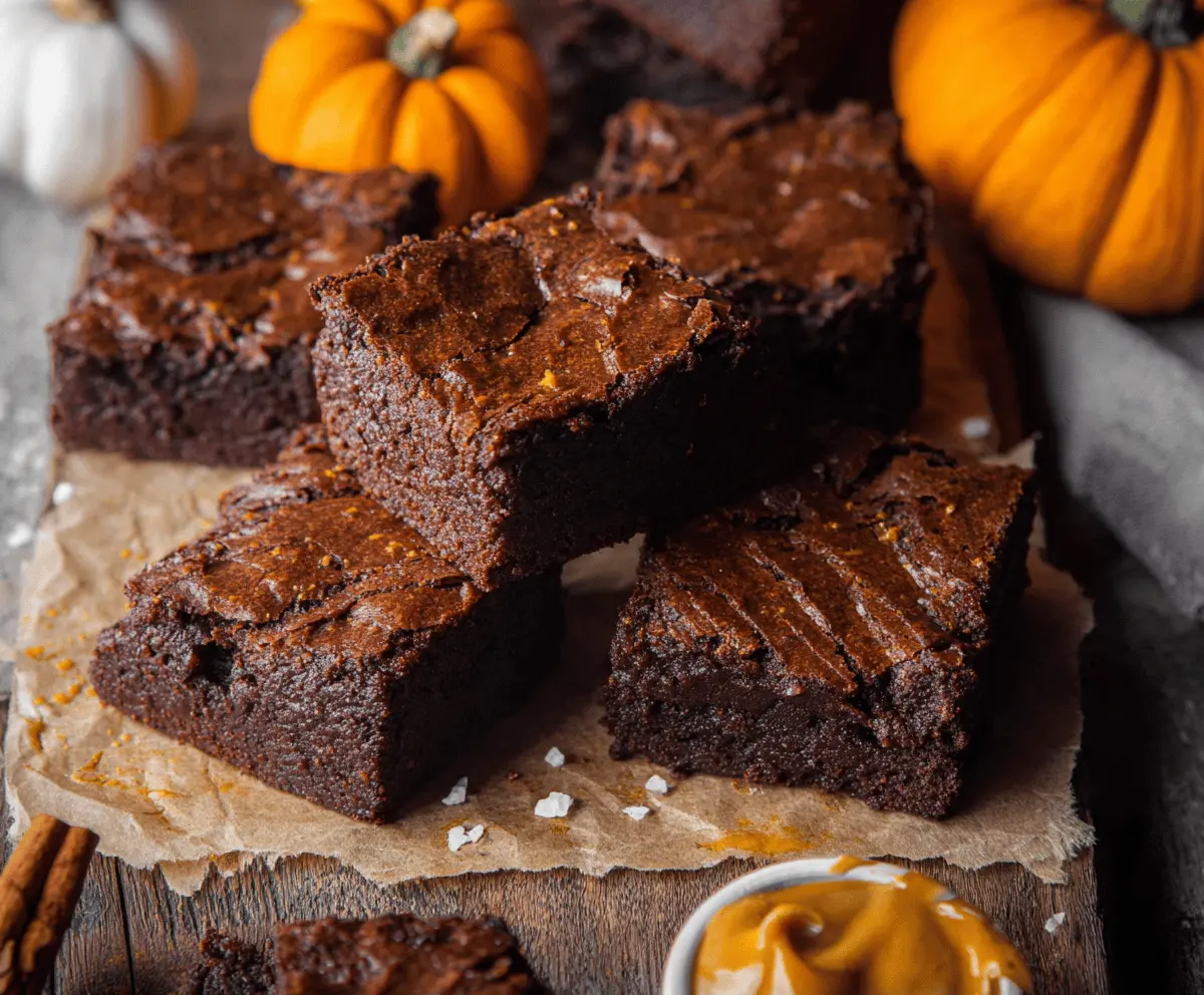 Delicious pumpkin spiced brownies with swirls of cream cheese frosting on a rustic wooden surface, perfect for fall dessert.