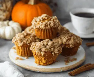 Delicious homemade pumpkin streusel muffins with golden tops and crumbly streusel topping, perfect for fall baking