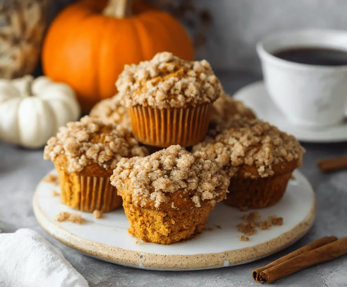 Delicious homemade pumpkin streusel muffins with golden tops and crumbly streusel topping, perfect for fall baking