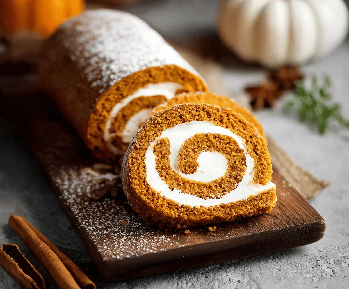 Delicious homemade Pumpkin Swiss Roll with cream filling and spiced pumpkin sponge cake, perfect for fall desserts