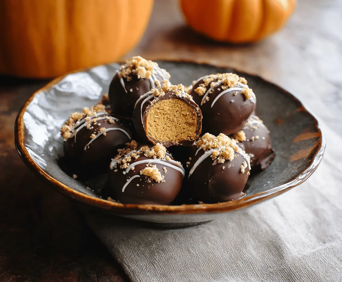 Delicious homemade pumpkin truffles coated in chocolate, perfect for fall desserts and holiday treats.