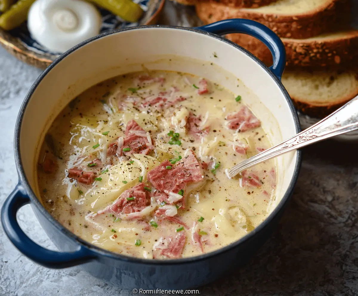Creamy Reuben Soup served in a bowl with corned beef, sauerkraut, Swiss cheese, and rye bread croutons, garnished with fresh herbs.