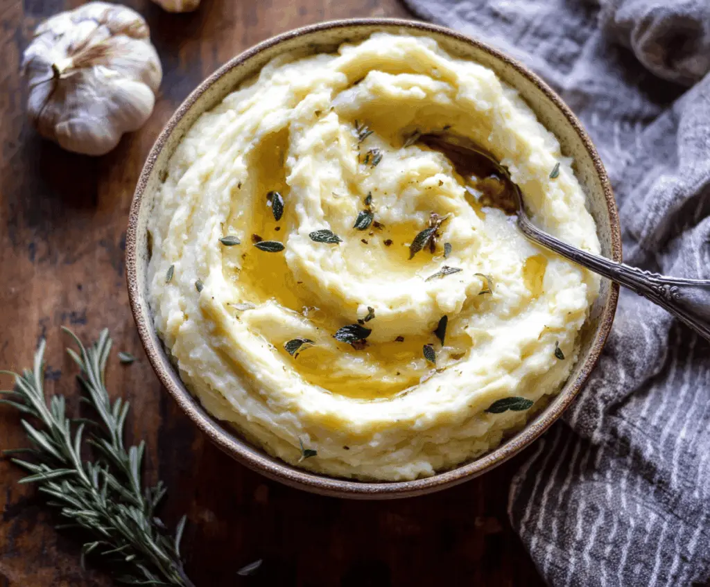 Creamy roasted garlic mashed potatoes served in a rustic bowl, perfect for a comfort food dinner.