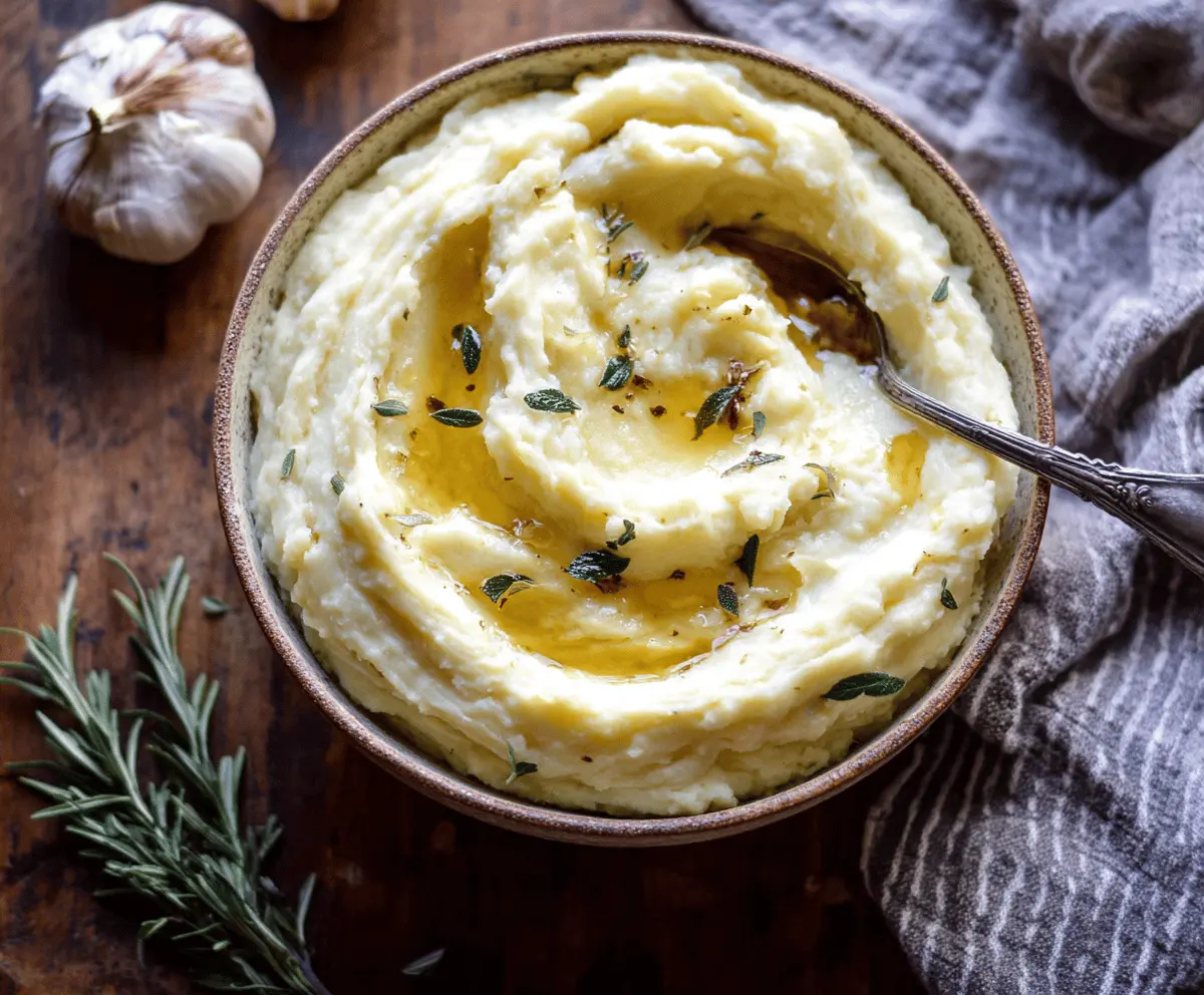 Creamy roasted garlic mashed potatoes served in a rustic bowl, perfect for a comfort food dinner.