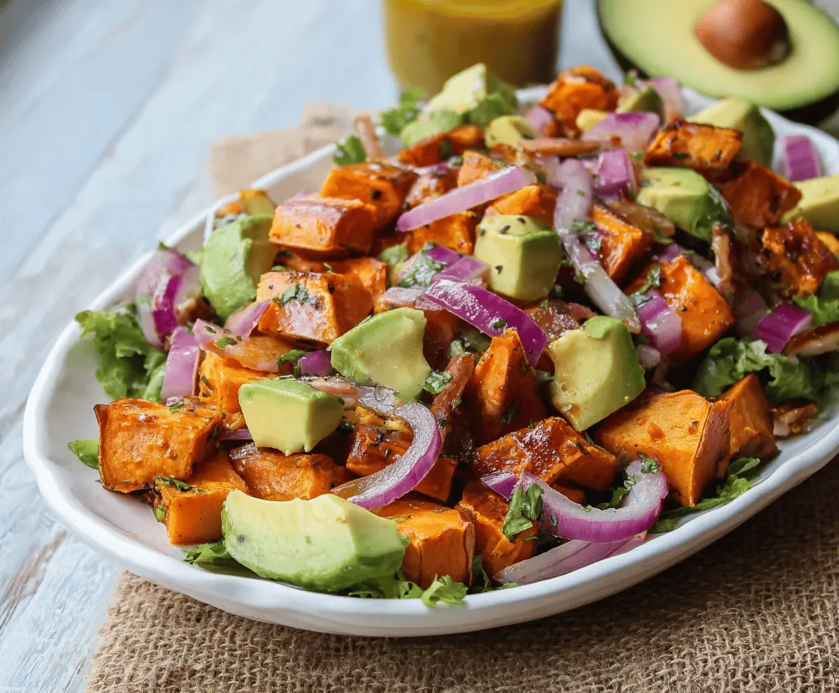 Colorful roasted sweet potato and creamy avocado salad topped with fresh herbs, perfect for a healthy, nutritious meal.