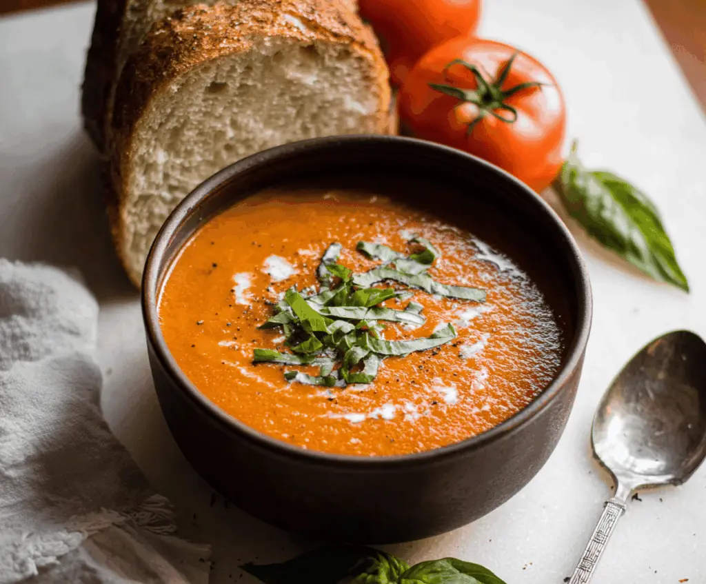 A bowl of creamy roasted tomato basil soup garnished with fresh basil leaves and served with toasted bread on the side.