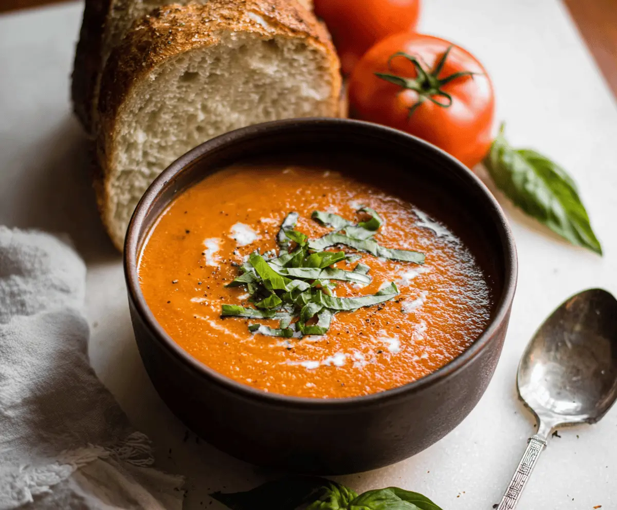 A bowl of creamy roasted tomato basil soup garnished with fresh basil leaves and served with toasted bread on the side.