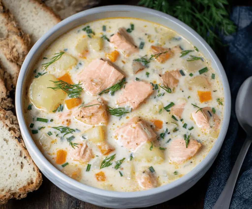 Creamy salmon chowder soup served in a bowl with fresh herbs and vegetables, perfect for a hearty and nutritious meal