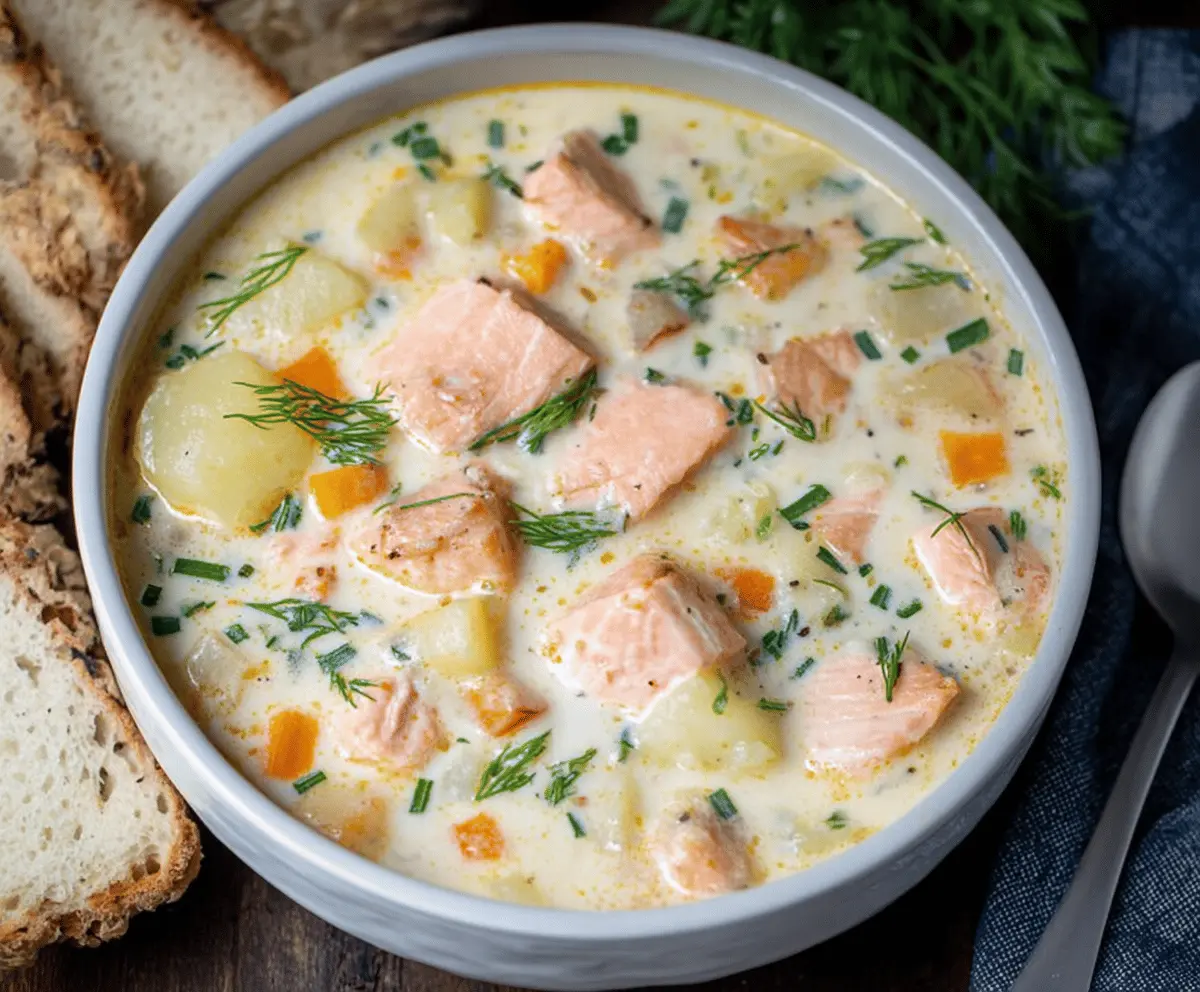 Creamy salmon chowder soup served in a bowl with fresh herbs and vegetables, perfect for a hearty and nutritious meal