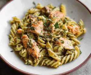 Creamy salmon pesto pasta topped with fresh basil and grated Parmesan cheese on a white plate, showcasing a delicious seafood pasta dish.