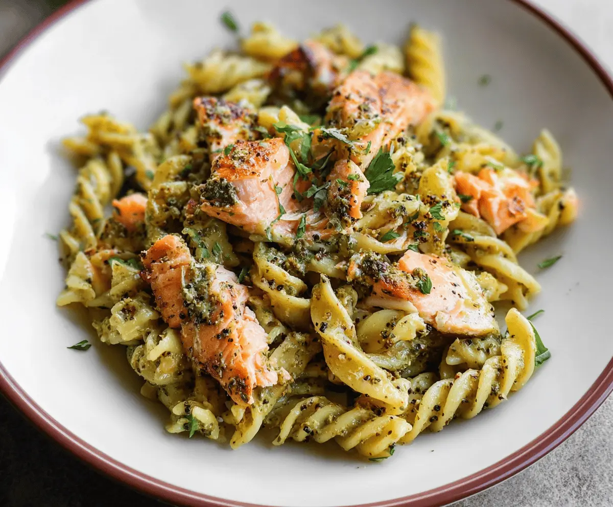 Creamy salmon pesto pasta topped with fresh basil and grated Parmesan cheese on a white plate, showcasing a delicious seafood pasta dish.