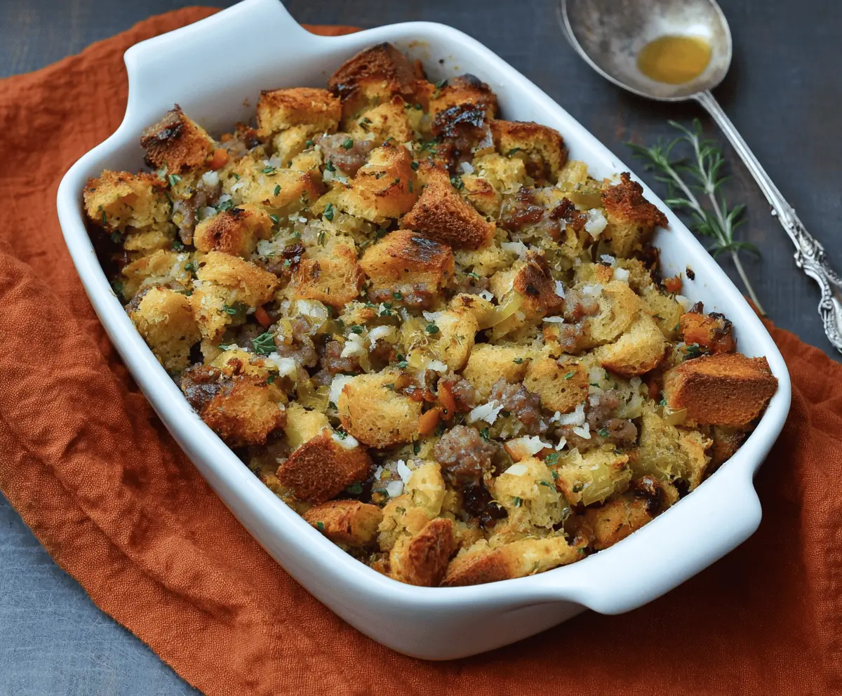 Delicious sausage and herb stuffing served in a baking dish, perfect for festive dinners.