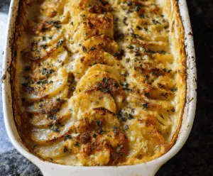 Creamy scalloped potatoes baked with cheese and herbs, served as a delicious side dish