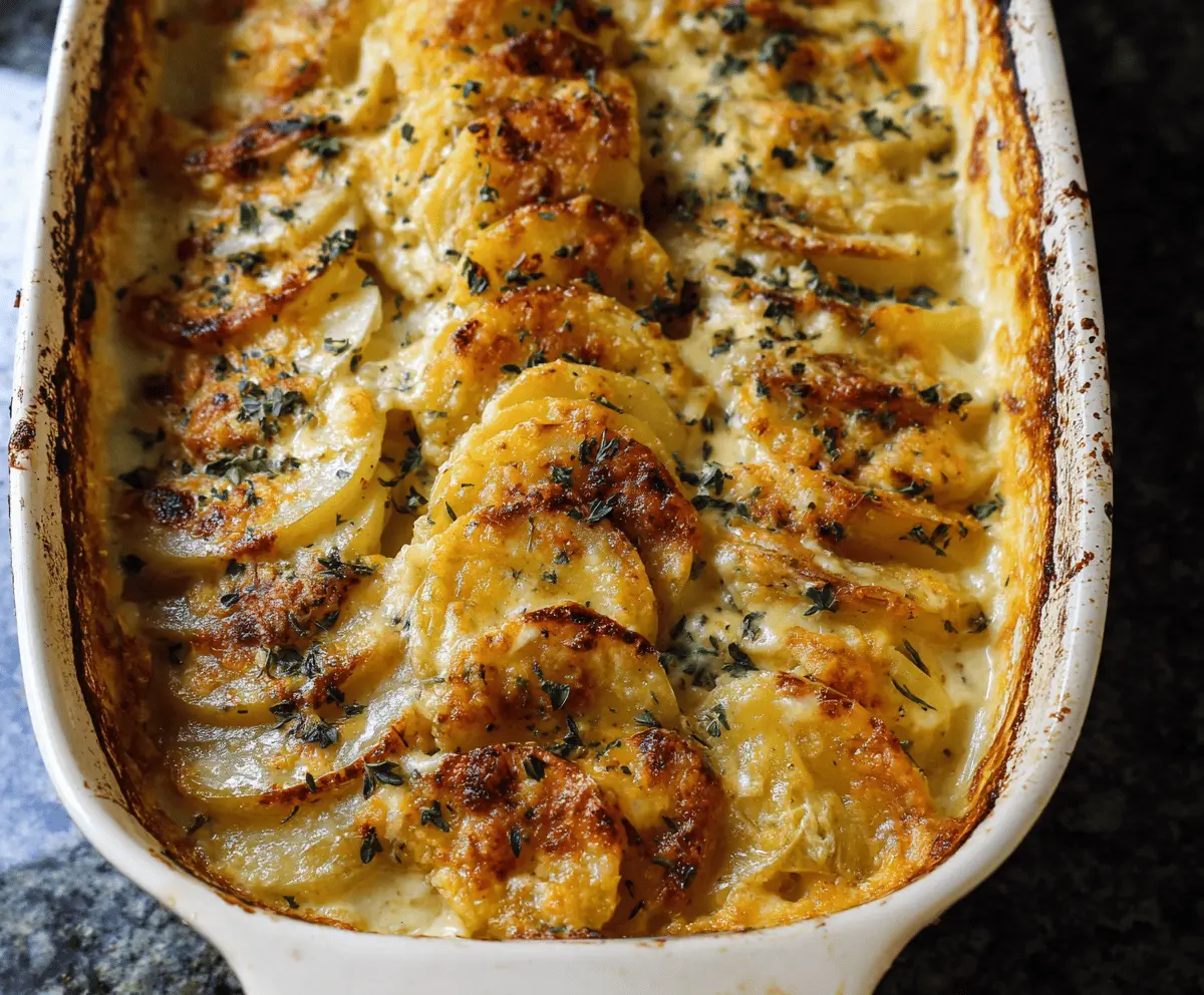 Creamy scalloped potatoes baked with cheese and herbs, served as a delicious side dish