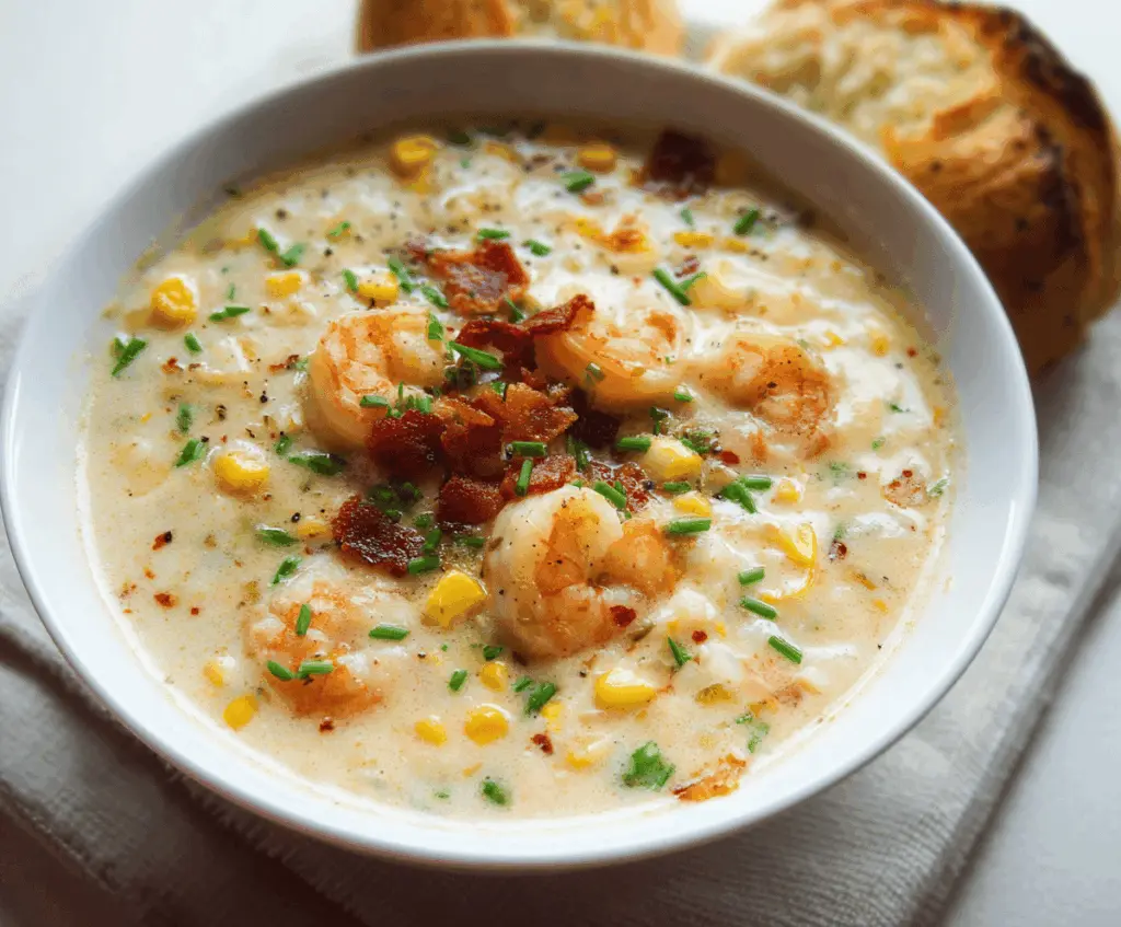 Creamy shrimp and corn chowder served in a bowl with fresh herbs, perfect for a comforting seafood soup meal.