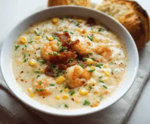 Creamy shrimp and corn chowder served in a bowl with fresh herbs, perfect for a comforting seafood soup meal.