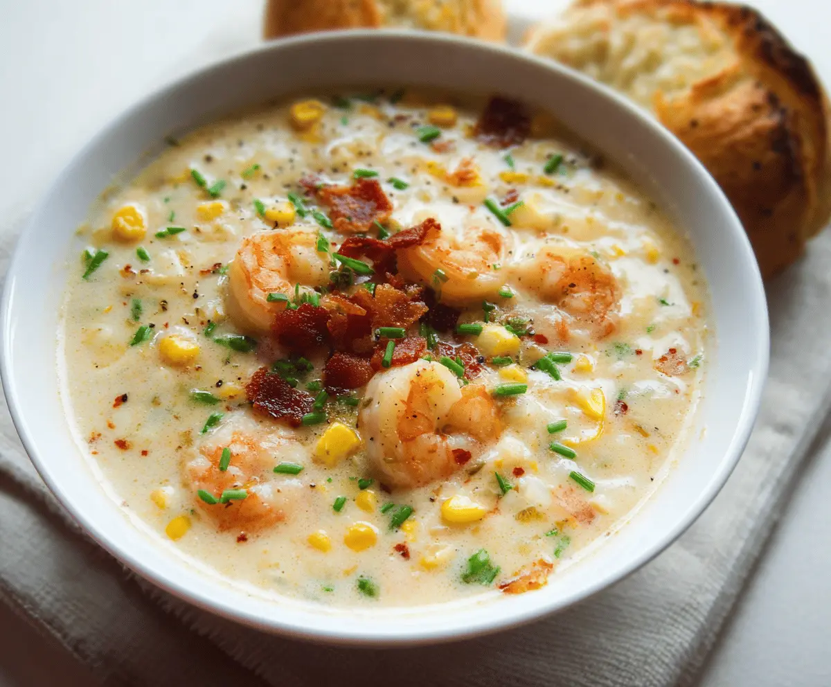 Creamy shrimp and corn chowder served in a bowl with fresh herbs, perfect for a comforting seafood soup meal.