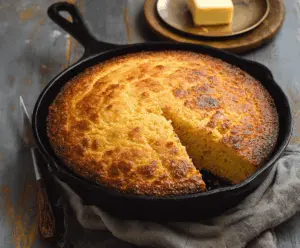 Golden skillet cornbread fresh out of the oven, served in a rustic cast iron skillet with a buttery crust and tender crumb.