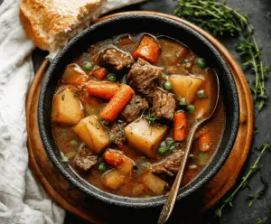 Hearty slow cooker beef stew with tender beef chunks, carrots, potatoes, and vegetables in a savory broth