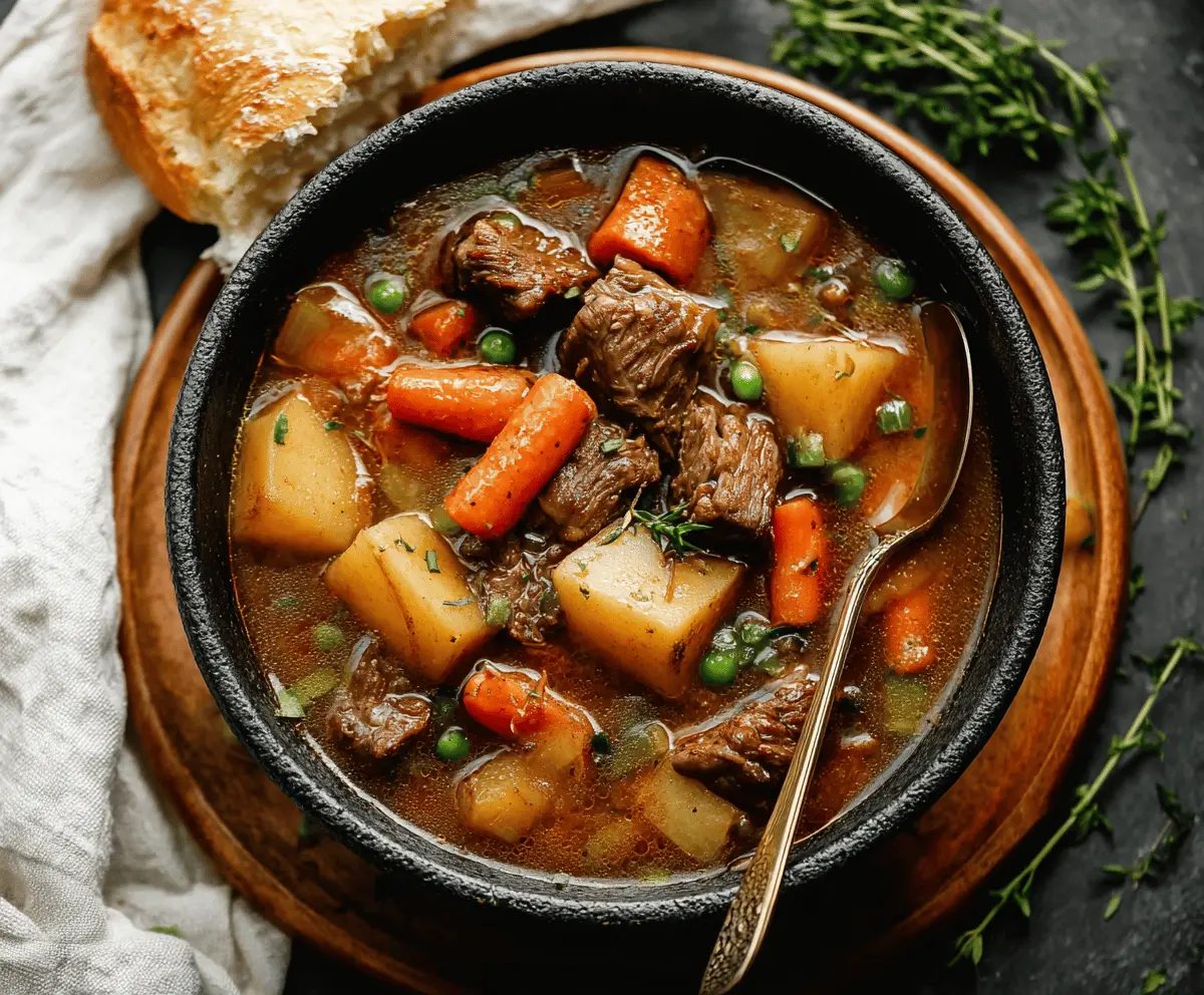 Hearty slow cooker beef stew with tender beef chunks, carrots, potatoes, and vegetables in a savory broth