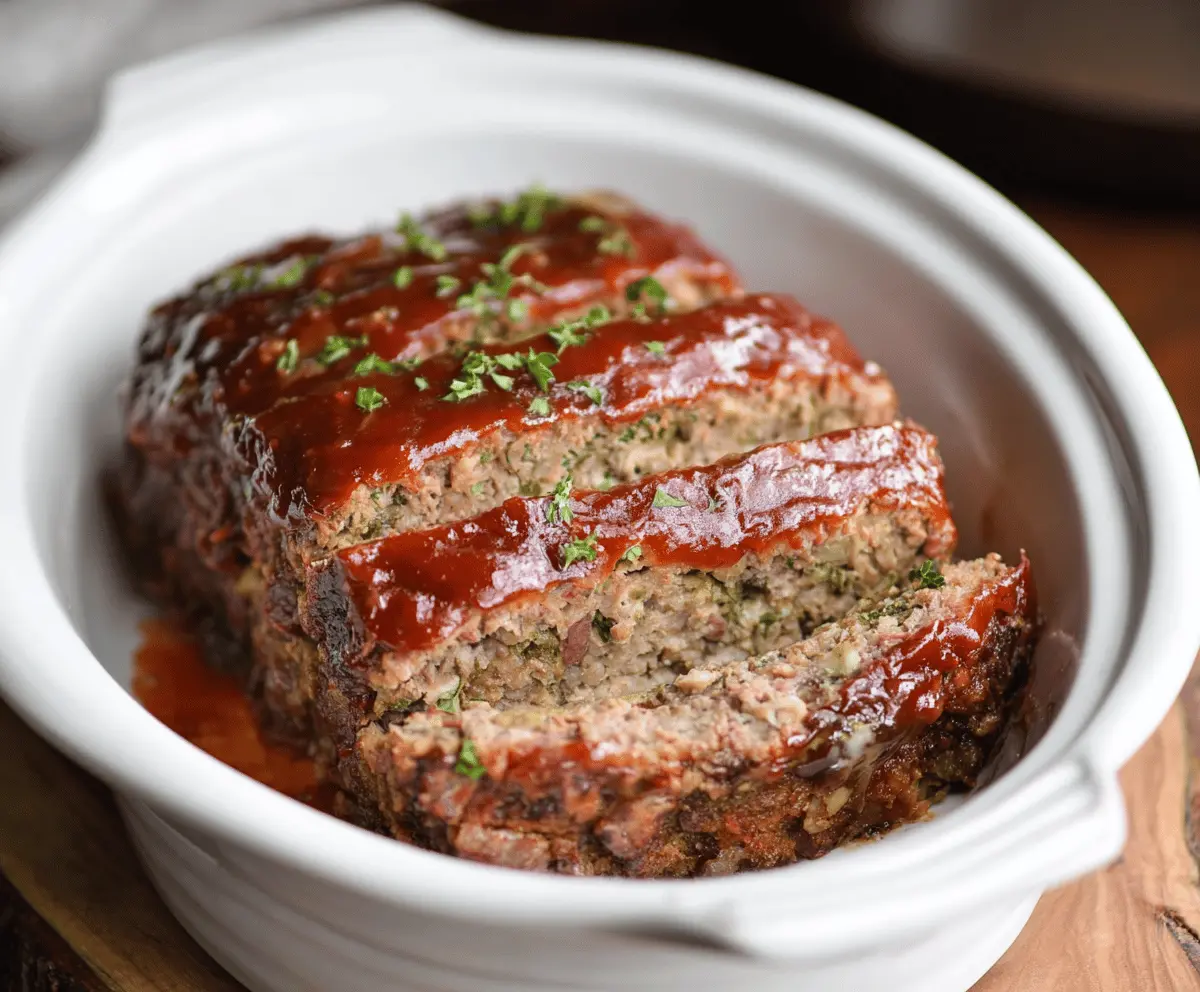 Delicious homemade slow cooker meatloaf garnished with fresh herbs and served with mashed potatoes and vegetables