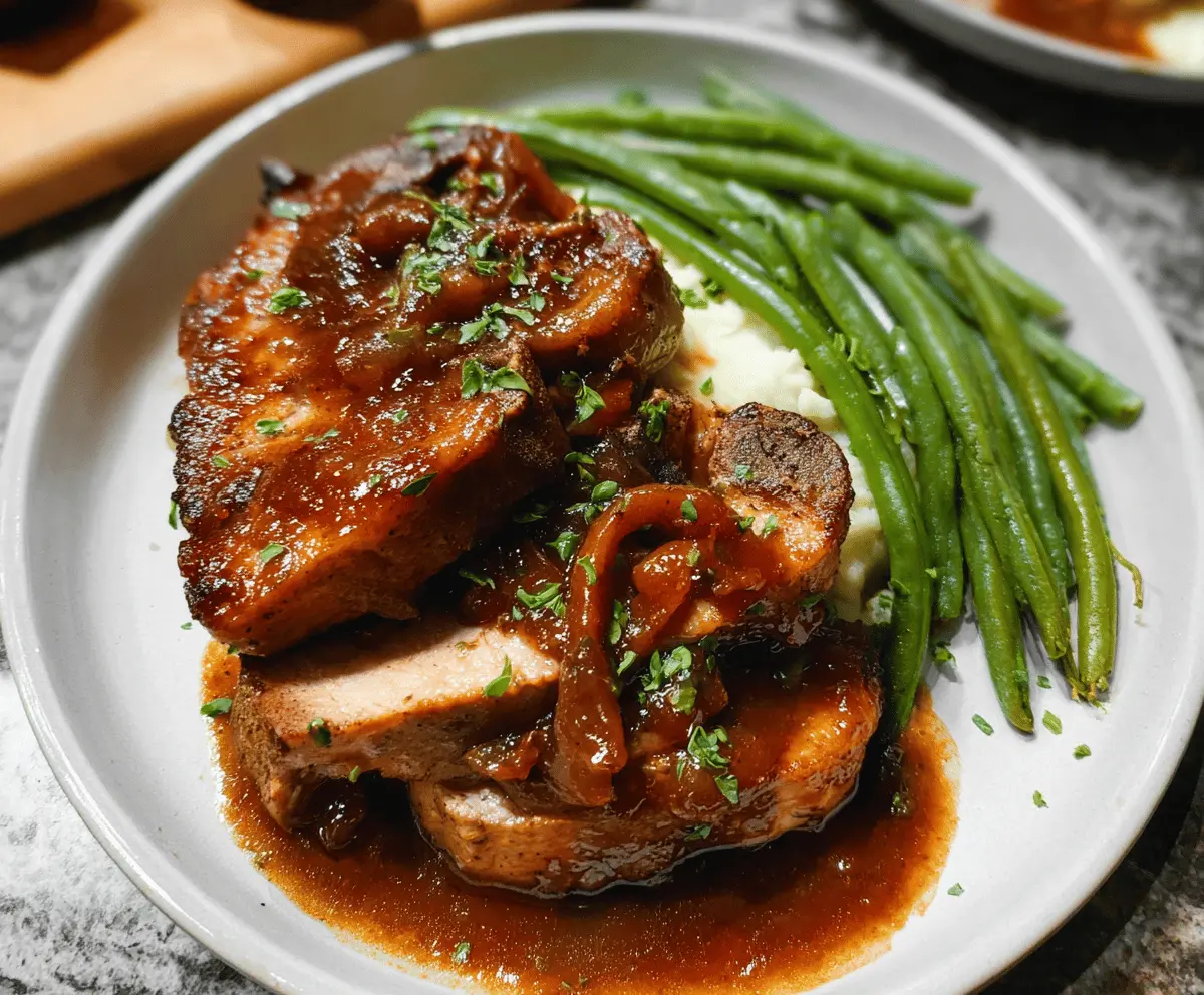 Juicy slow cooker pork chops with herbs and vegetables served on a plate, perfect for a flavorful dinner