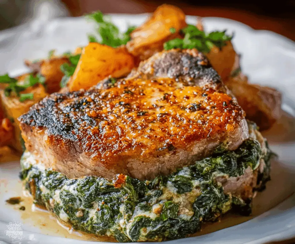 Juicy pork chops stuffed with spinach and melted cheese, served on a plate with fresh herbs, perfect for a flavorful dinner