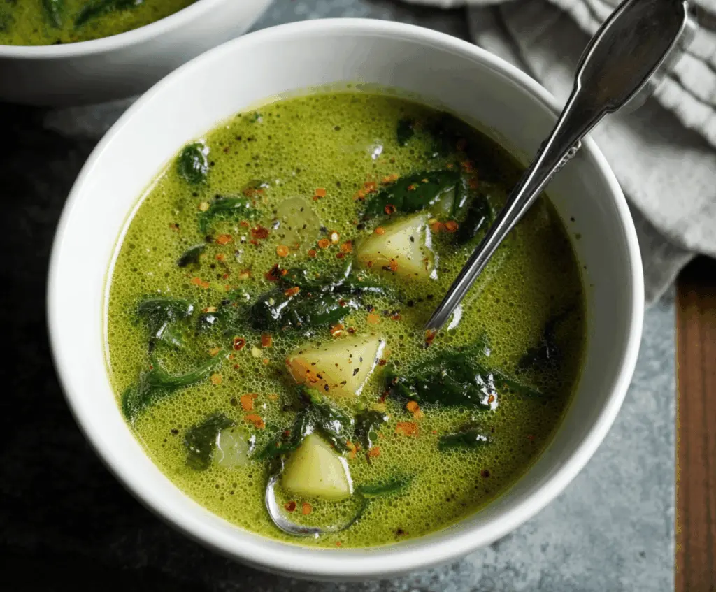 Creamy spinach and potato soup served in a bowl, garnished with fresh herbs and accompanied by crusty bread for a hearty, healthy meal.