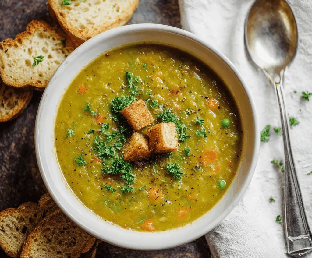 Creamy green split pea soup garnished with chopped herbs and a dollop of sour cream in a rustic bowl