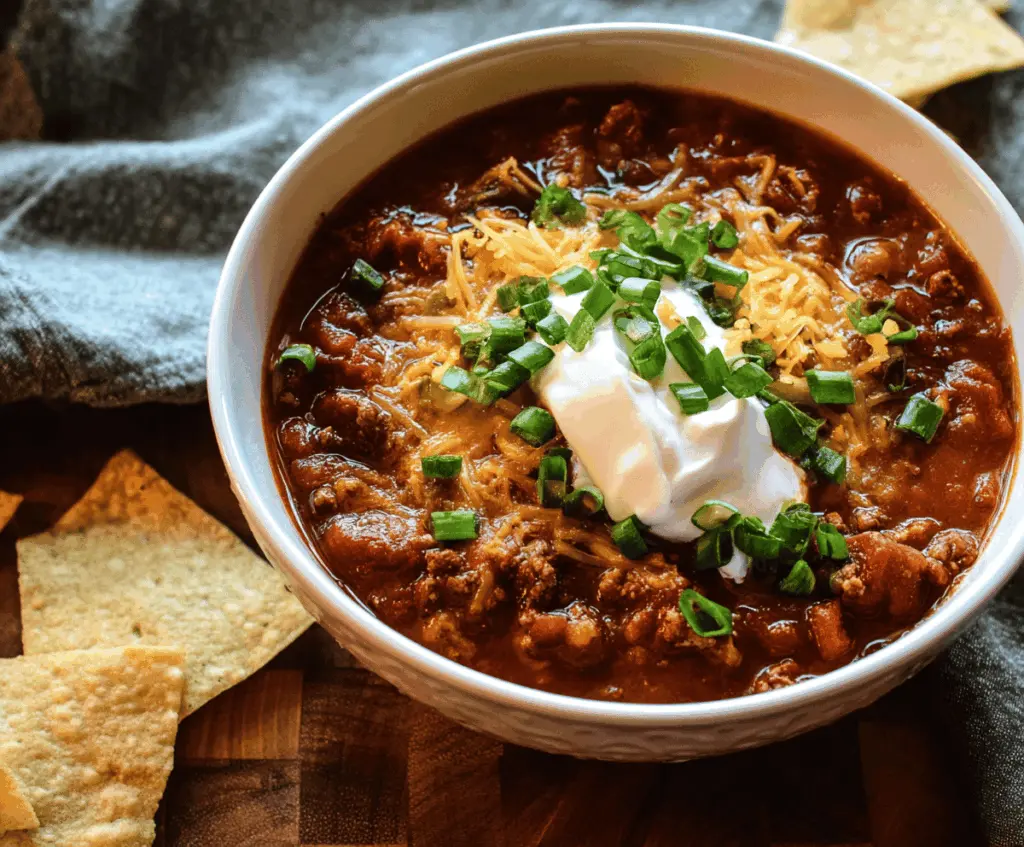 Delicious stovetop chili in a pot with beans, ground meat, and spices, ready to serve
