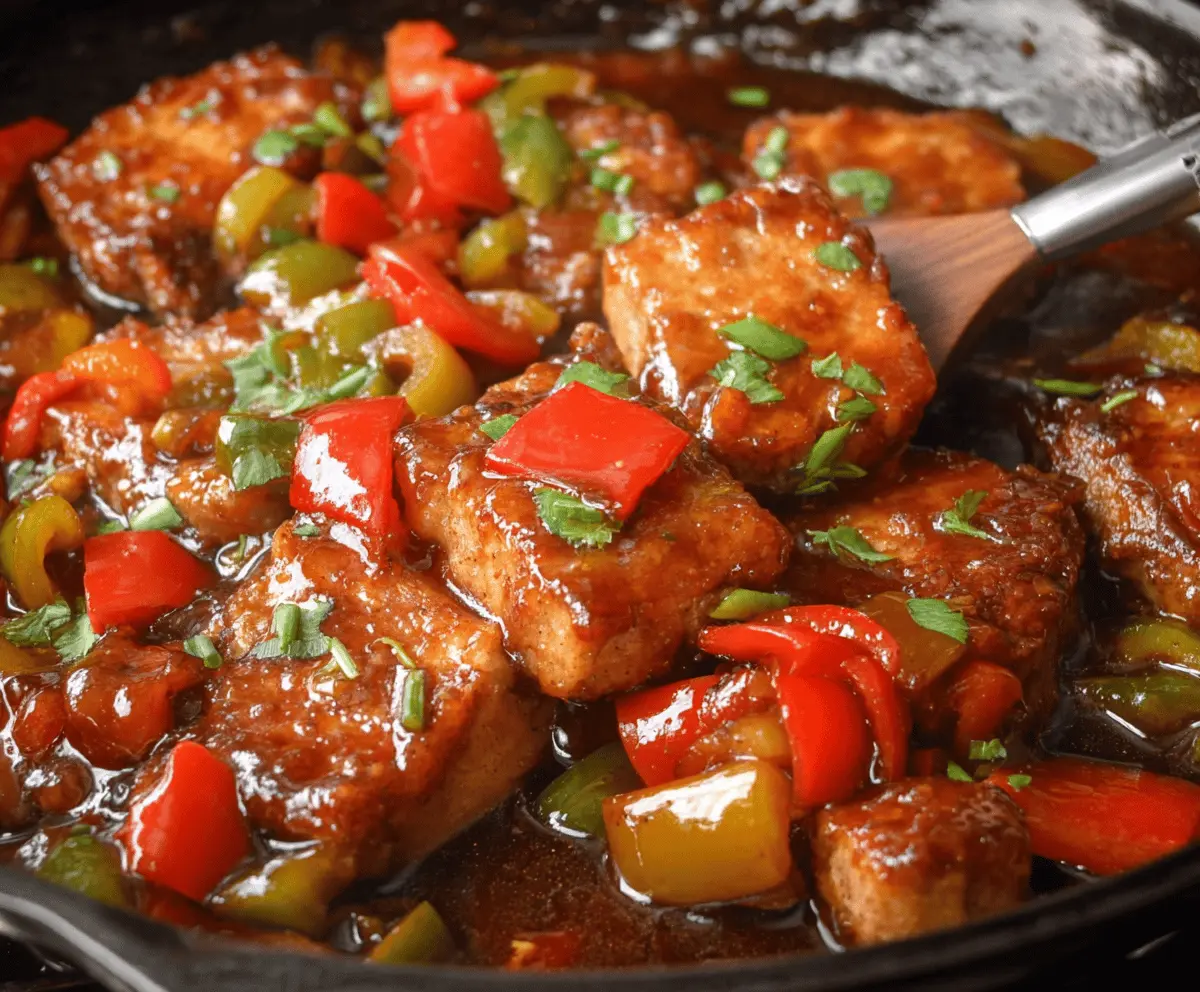 Delicious glazed sweet and sour pork chops served with colorful vegetables on a plate.