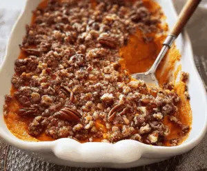 Delicious sweet potato casserole topped with crunchy pecan streusel, served as a flavorful holiday side dish