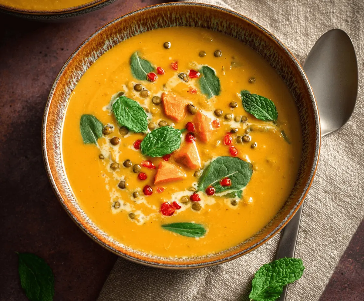 Creamy sweet potato curry soup garnished with fresh cilantro in a white bowl, showcasing vibrant orange color and flavorful spices.