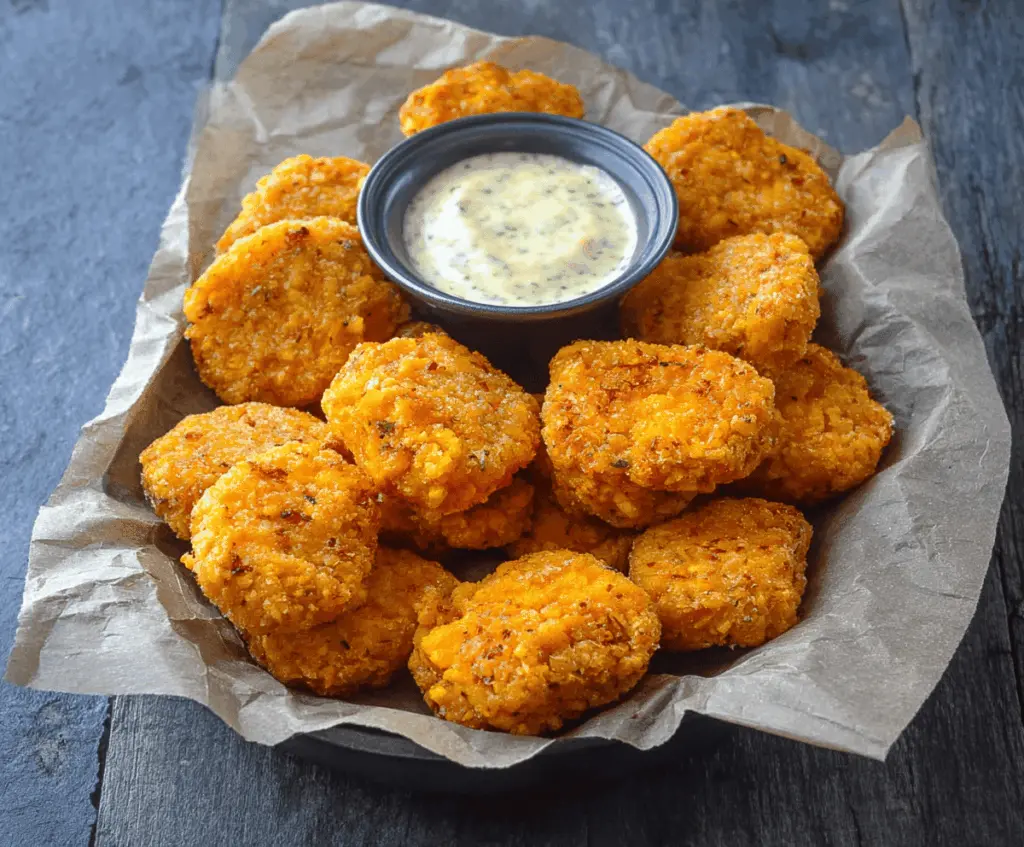 Crispy baked sweet potato nuggets with a golden-brown exterior, served with dipping sauce on a white plate