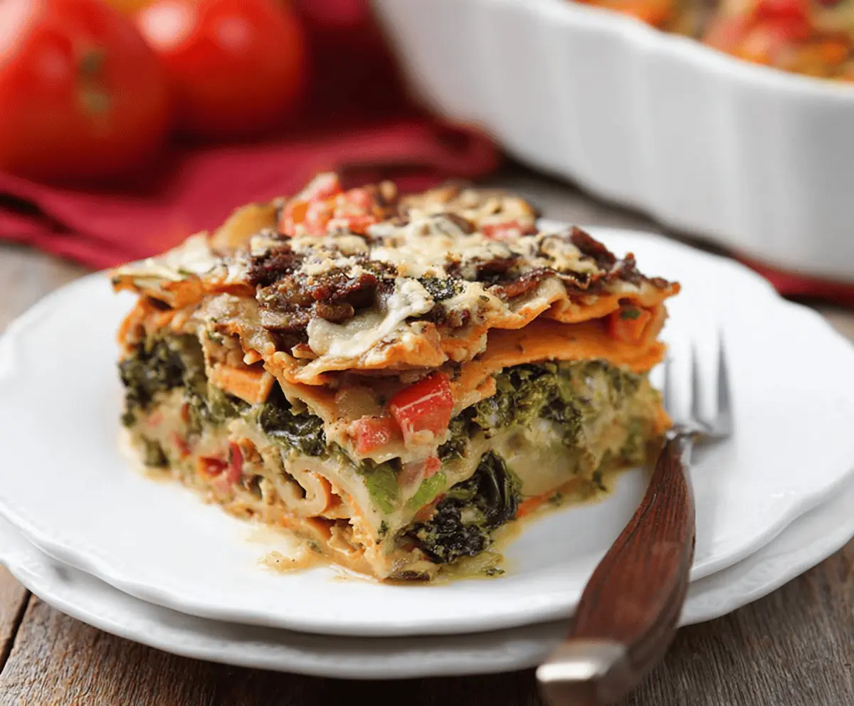Delicious Sweet Potato Spinach Lasagna layered with creamy cheese, fresh spinach, and tender sweet potatoes in a baked casserole dish.