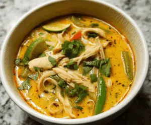 A bowl of Thai Curry Chicken Soup with tender chicken, vibrant vegetables, and aromatic Thai spices garnished with fresh herbs.