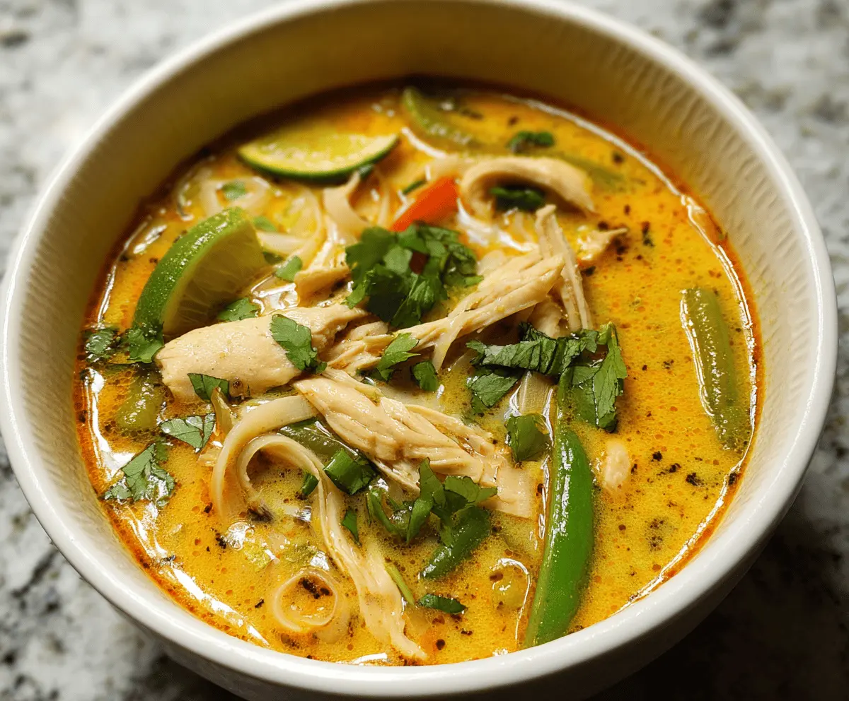 A bowl of Thai Curry Chicken Soup with tender chicken, vibrant vegetables, and aromatic Thai spices garnished with fresh herbs.