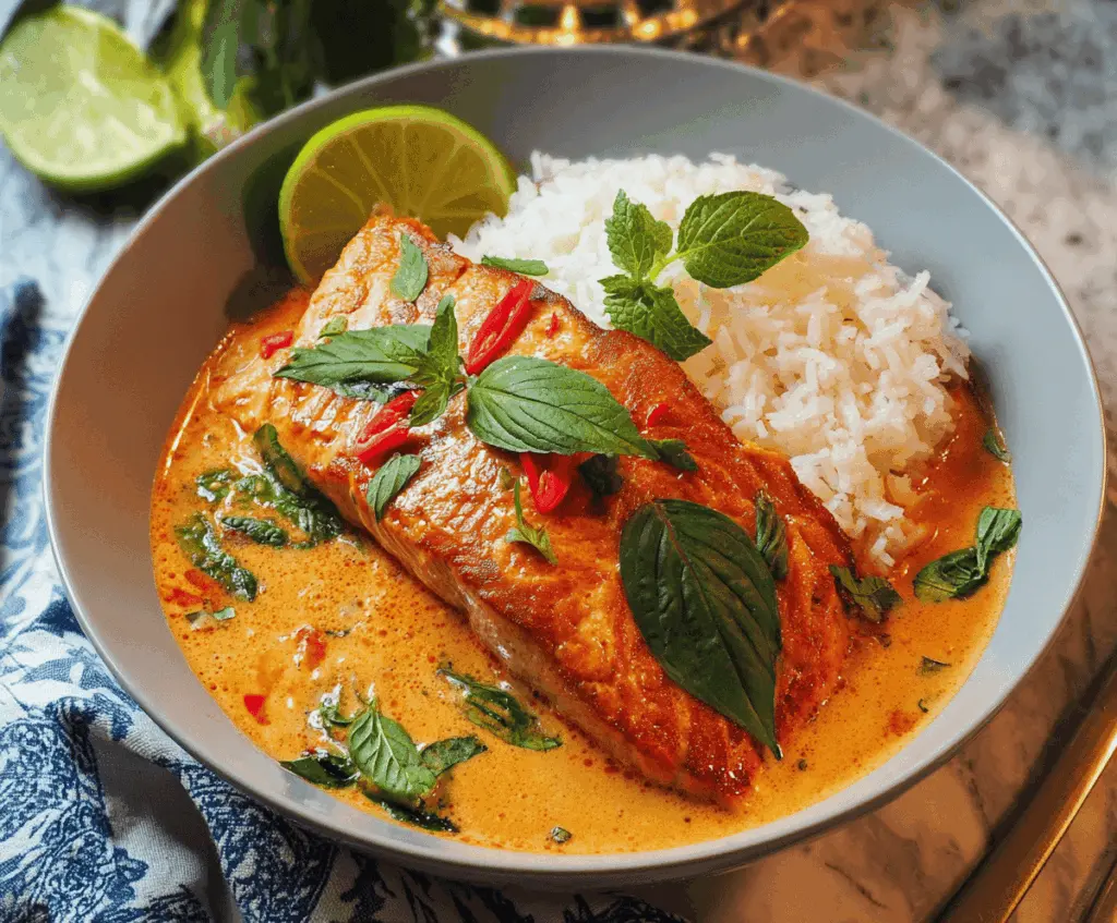 Delicious Thai Red Curry Salmon served with vibrant vegetables and fragrant herbs, showcasing a flavorful and colorful seafood dish.